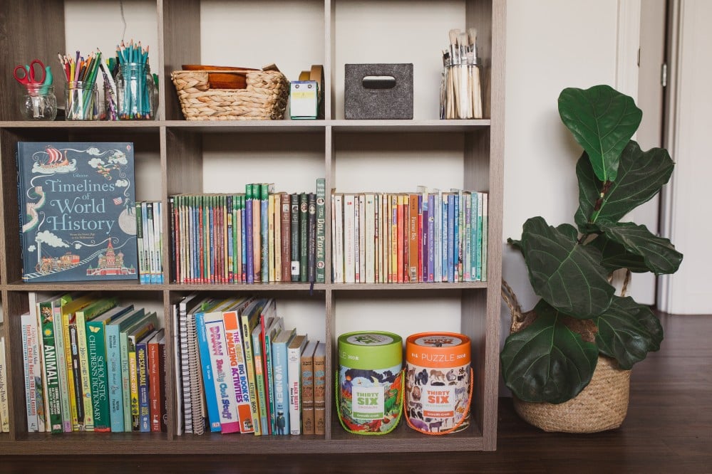 home schools shelves with organized supplies