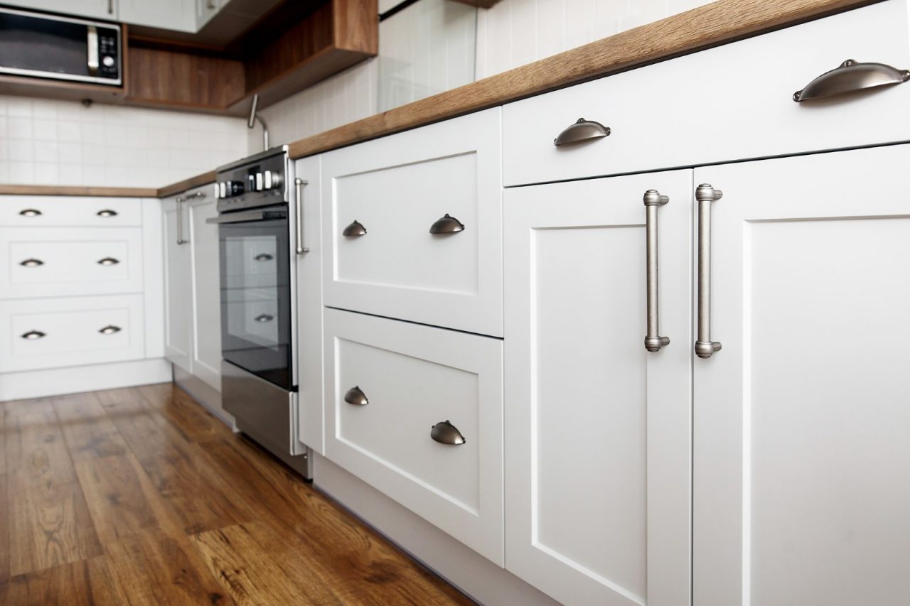 kitchen with white shaker style cabinets